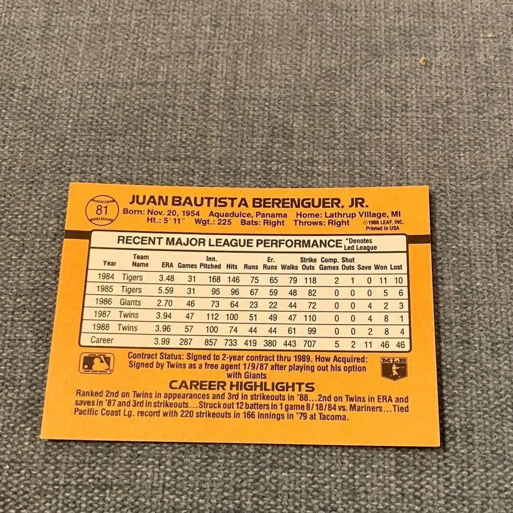 1989 Donruss Minnesota Twins Baseball Card Trading Card